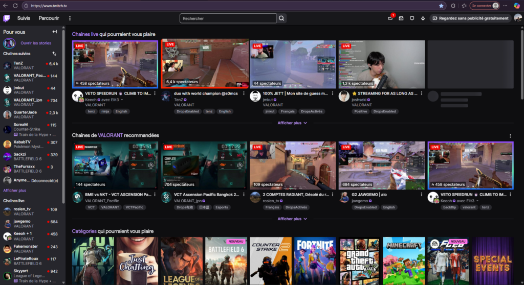 Image prise de l'application Twitch sur laquelle nous pouvons retrouver des lives.